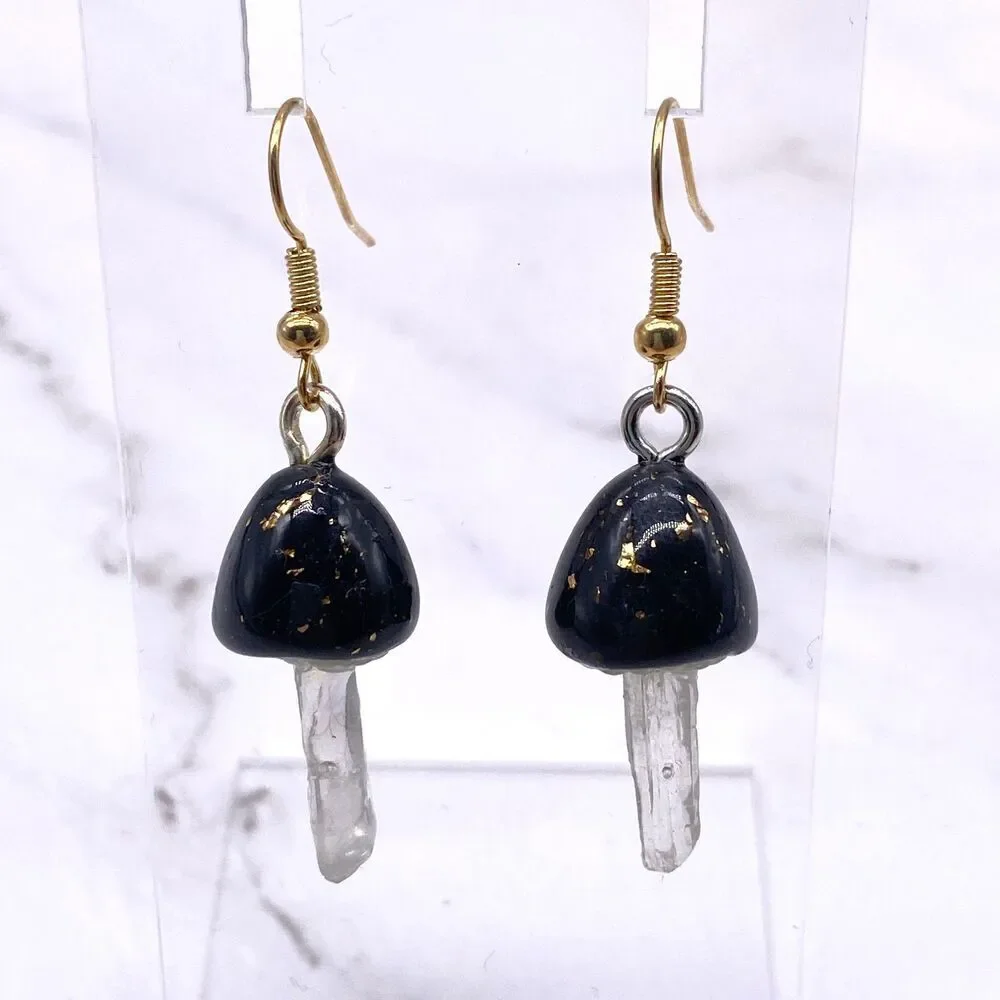 Black Mushroom Quartz Crystal Dangle wire hook polymer Clay Earrings